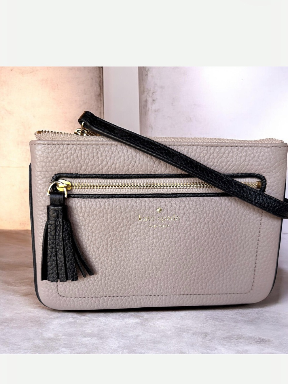 kate spade Tinie Cream and Black Leather Wristlet Clutch with Tassel